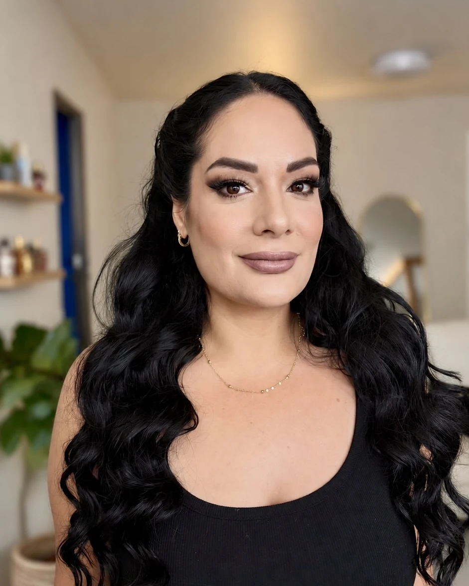 Maquillaje social con labios nude y peinado de ondas oscuras en Tijuana