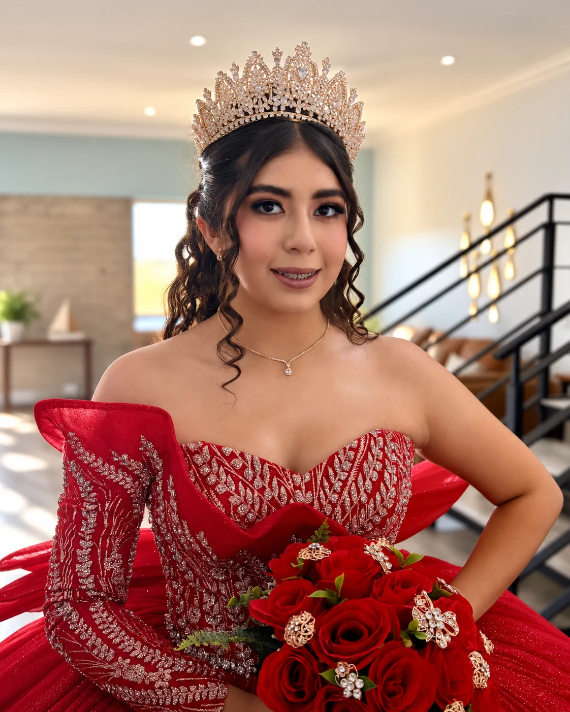 Quinceañera con maquillaje profesional, corona y vestido rojo